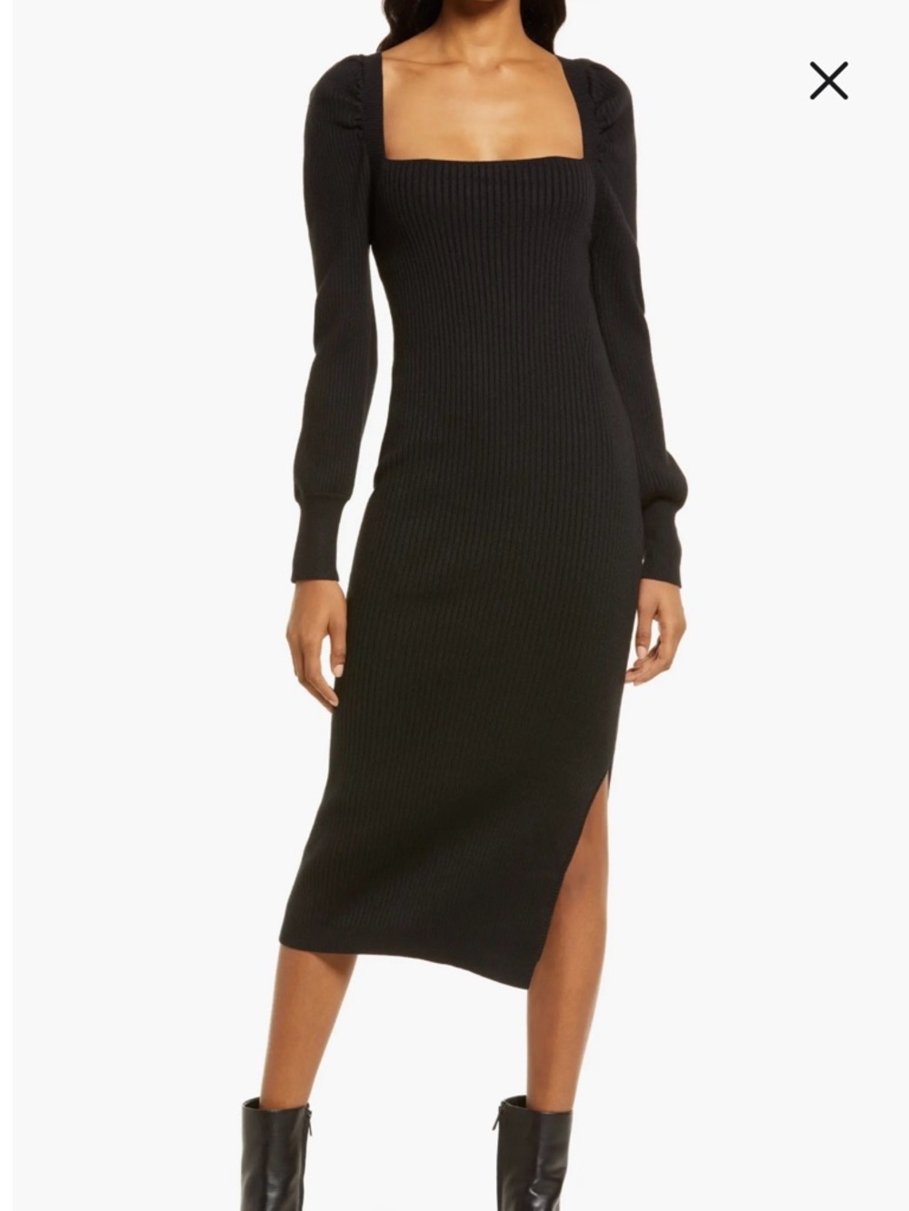 Charles Henry Black Ribbed Square-Neck Midi Dress with Side Slit
